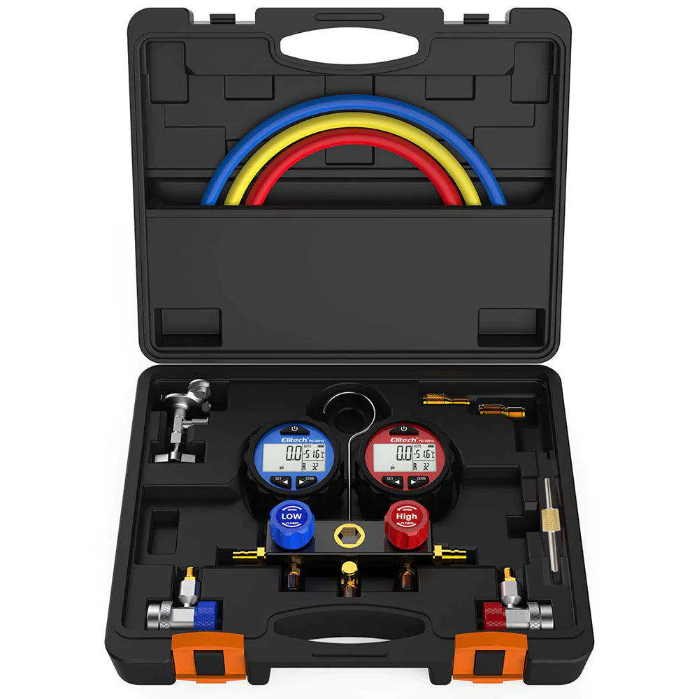 Elitech DMG-3 HVAC Manifold Gauge Set 2 Way with Hoses Coupler & Carrying Case