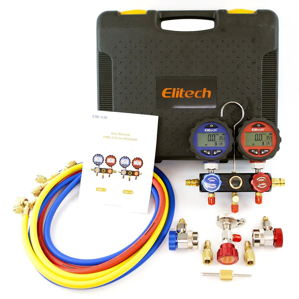 Elitech DMG-3 HVAC Manifold Gauge Set 2 Way with Hoses Coupler & Carrying Case